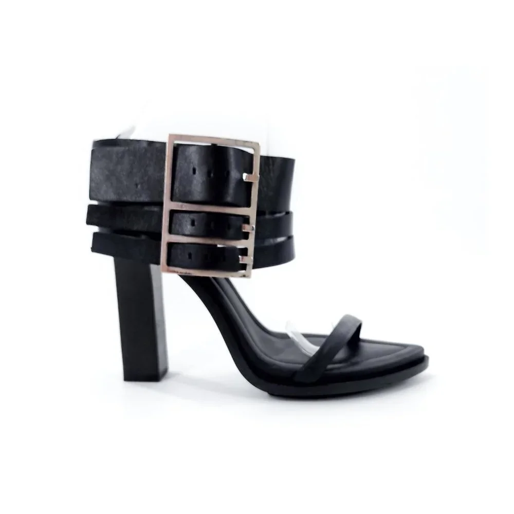 VERSUS by VERSACE Black Side Buckle Leather Sandals - Picture 4 of 12